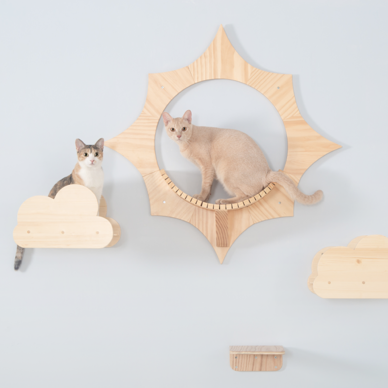 MYZOO Solar キャットステップ/キャットウォーク パイン無垢材 壁付けタイプで省スペース。室内飼育猫の運動不足やストレス解消に。シンプルでかわいいデザインでお部屋のインテリアに損ないません。