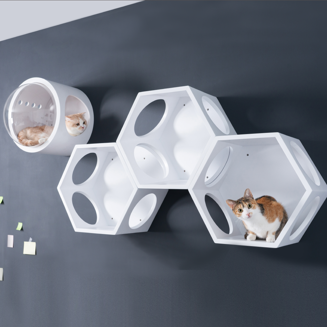 パイン無垢材で作られた壁掛けタイプのキャットタワー。六角形で四面に穴を開けているので、猫は好きな場所から出入りができます。複数繋げることにより、トンネルのようなキャットウォークを楽しめることもできます。