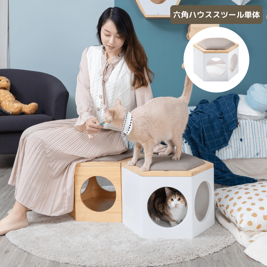 【椅子/猫ハウス/ローテーブル】MYZOO-六角ハウススツール/ホワイト