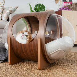 カプセルのような形の猫用ハウス。上質なウォールナット木目柄。インテリアとしても楽しめることができます。