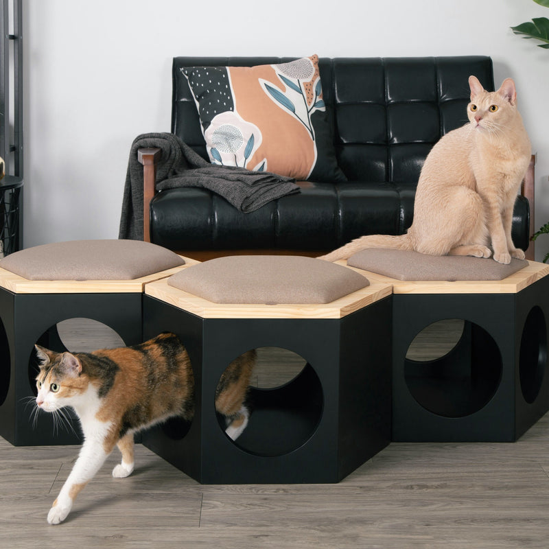 【椅子/猫ハウス/ローテーブル】MYZOO-六角ハウススツールセット/ブラック
